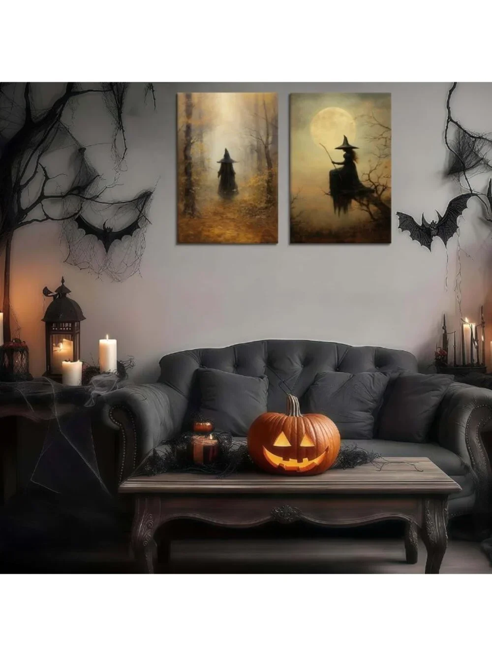 Vintage Witch Canvas Wall Art Set - Gothic Halloween Decor, Creepy Rustic Prints